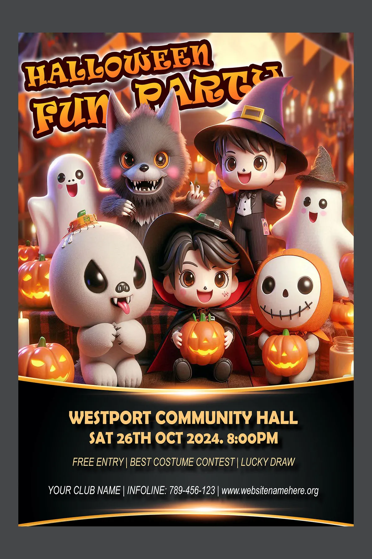 Mẫu Poster Tiệc Halloween 3D Độc Đáo: Dàn Nhân Vật Hoạt Hình Đáng Yêu