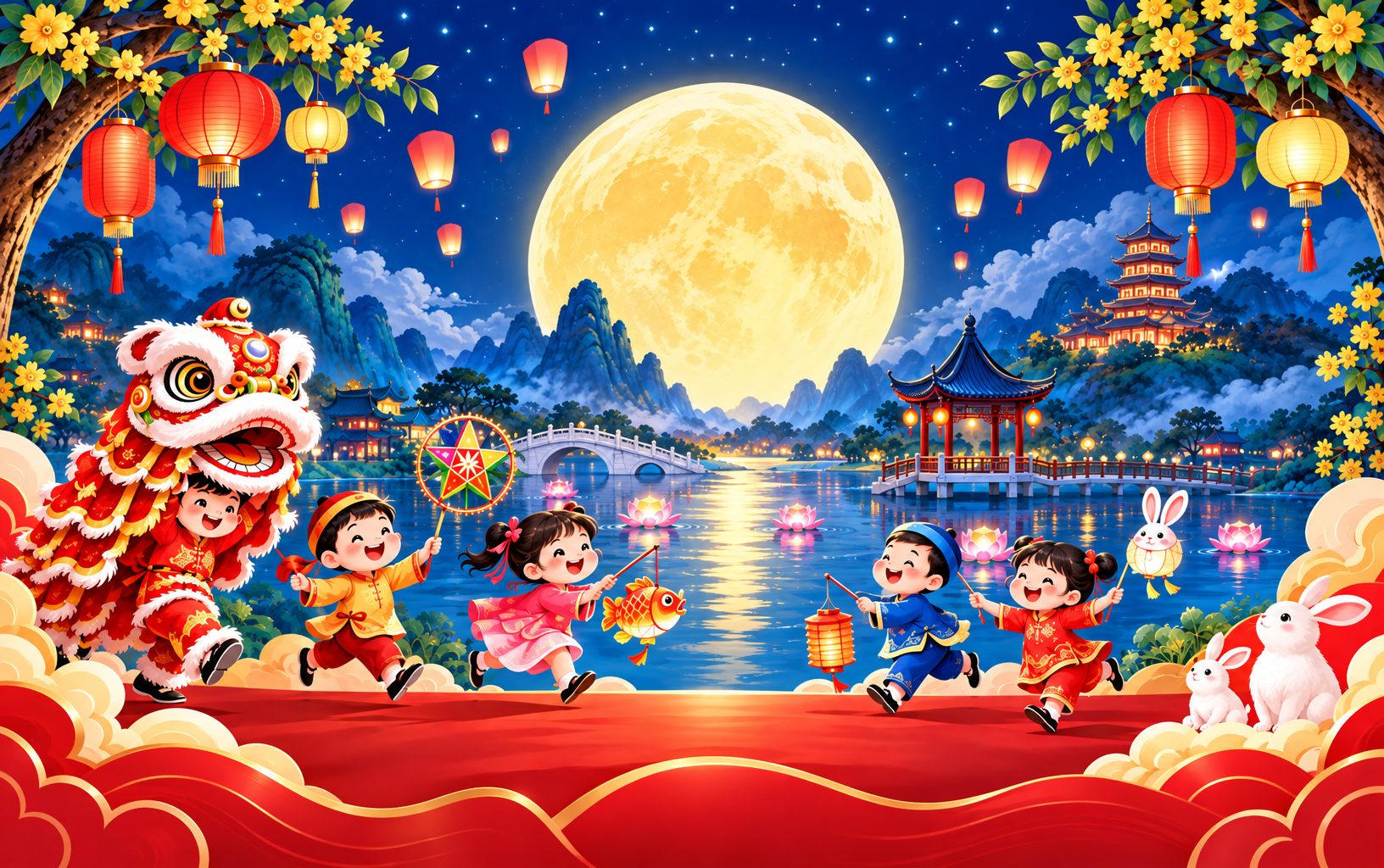 Backdrop Phông sân khấu Tết Trung Thu với trẻ em và đèn lồng