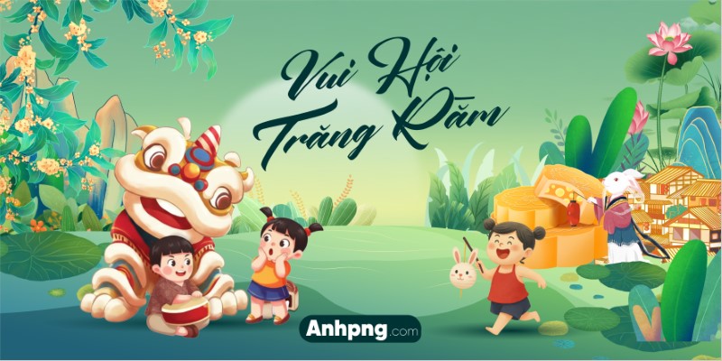 Background Vui Hội Trăng Rằm thiếu nhi múa lân, vector Corel Ai