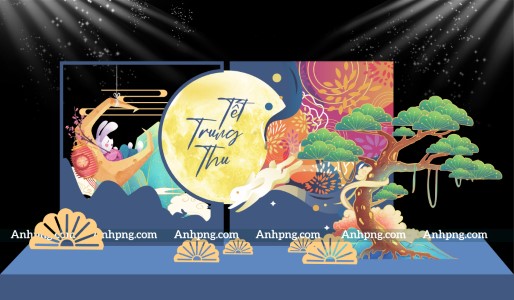 Trang trí Trung Thu đẹp với trăng tròn và cây tùng nghệ thuật