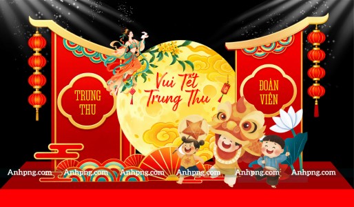 Trang trí Trung Thu 2026 sân khấu đỏ vàng với trăng đoàn viên