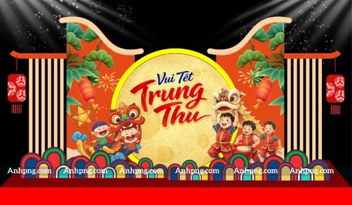 Tiểu cảnh Trung Thu đẹp với trăng vàng múa lân cho sân khấu