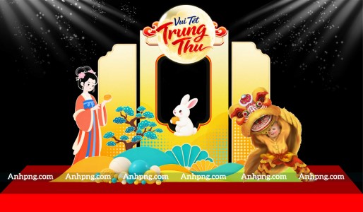 Khung chụp ảnh Trung Thu tông vàng đỏ với thỏ ngọc và lân
