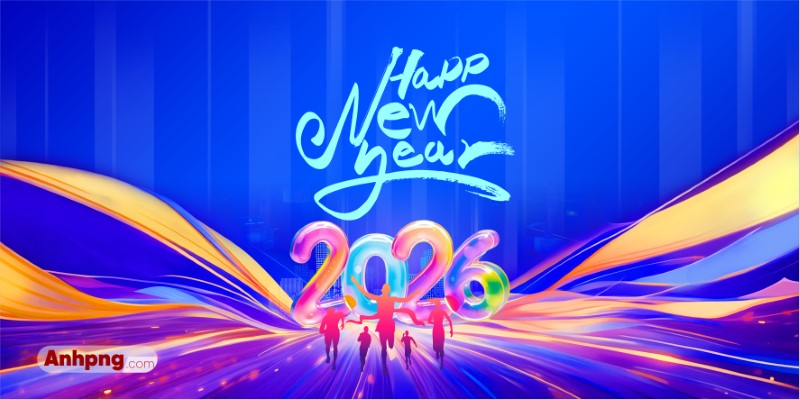 Happy New Year 2026 backdrop neon xanh, phù hợp banner sân khấu