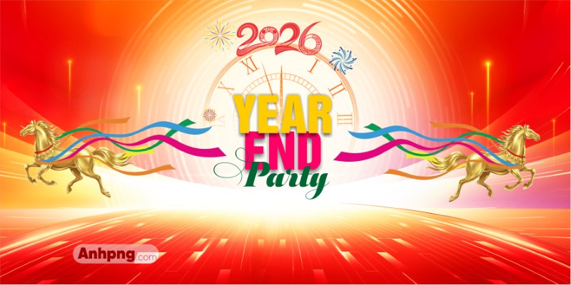 Backdrop Year End Party 2026 ngựa vàng – phông nền tất niên đẹp