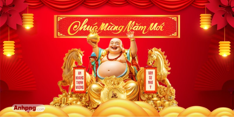 Tranh Tết Nguyên Đán Phật Di Lặc song mã vàng 2026 – background đẹp