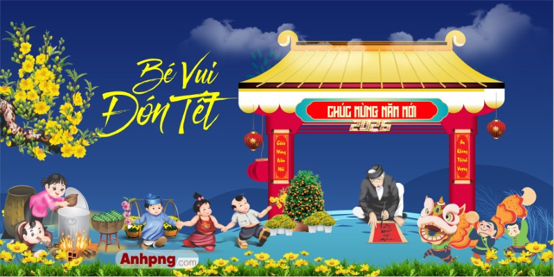 Tranh Tết bé vui đón Tết minh họa thiếu nhi trang trí Tết cho trường mầm non