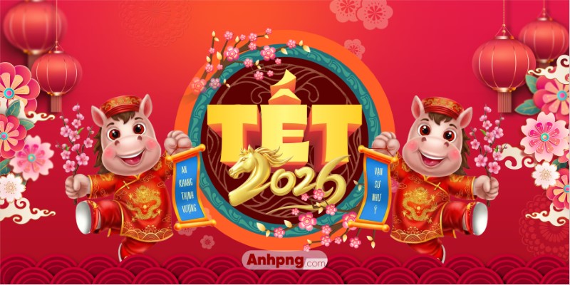 Ảnh Tết Bính Ngọ đẹp nhất cho banner backdrop tông đỏ vàng