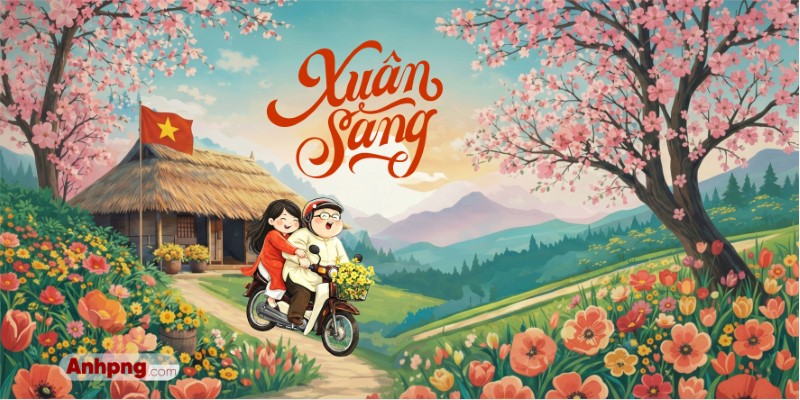 Ảnh nền Tết 2026 phong cảnh xuân sang làng quê hoa đào đẹp