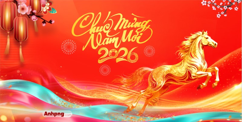 Ảnh Tết 2026 linh vật ngựa vàng chúc mừng năm mới nền đỏ