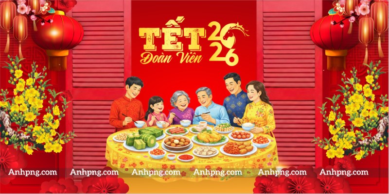 Phông Tết 2026 chủ đề gia đình đoàn viên thiết kế backdrop đẹp