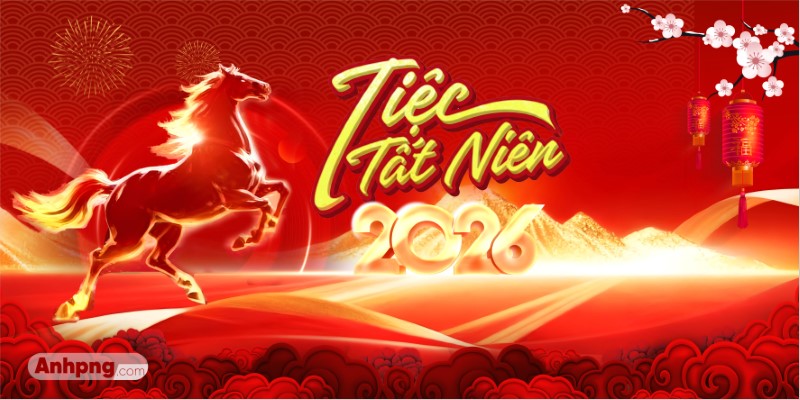 Mẫu ảnh tất niên 2026 linh vật ngựa vàng cho banner và poster tiệc