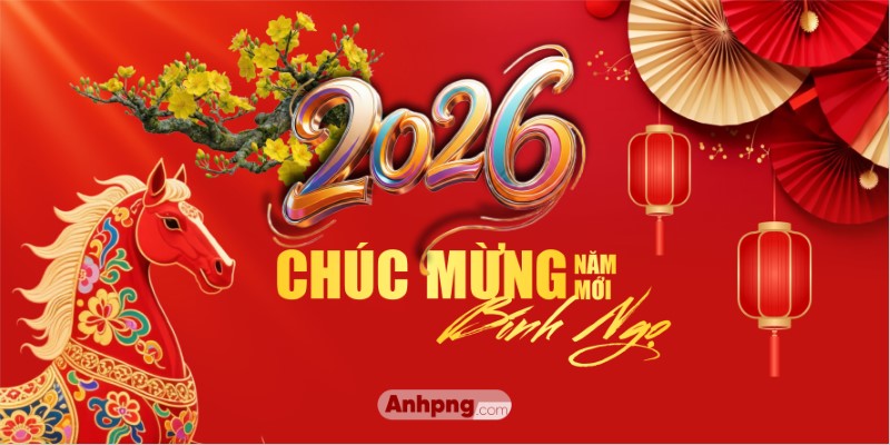 Backdrop Tết Bính Ngọ 2026 tông đỏ rực rỡ linh vật ngựa