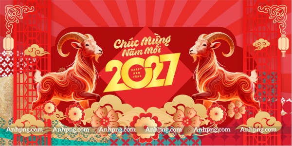 Ảnh Tết 2027 đôi dê Đinh Mùi nền đỏ hoa xuân làm backdrop