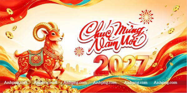 Maket Tết 2027 linh vật dê Đinh Mùi đỏ vàng chúc mừng năm mới