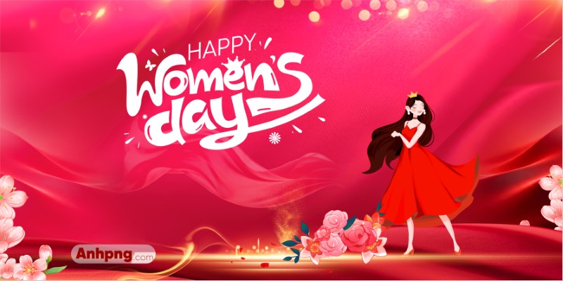Mẫu banner 8/3 và backdrop 8/3 tông đỏ minh họa phái đẹp rạng rỡ