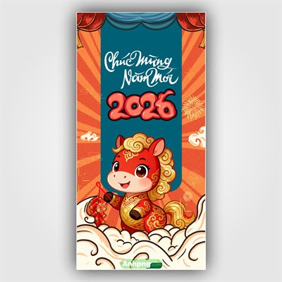 Maket bao lì xì Tết 2026 linh vật ngựa dễ thương nền cam