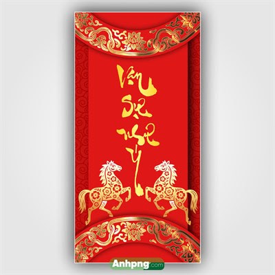 Poster bao lì xì đỏ chữ thư pháp vàng song mã may mắn