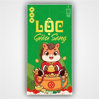 Banner bao lì xì Lộc giải sảng ngựa ôm hũ vàng nền xanh lá