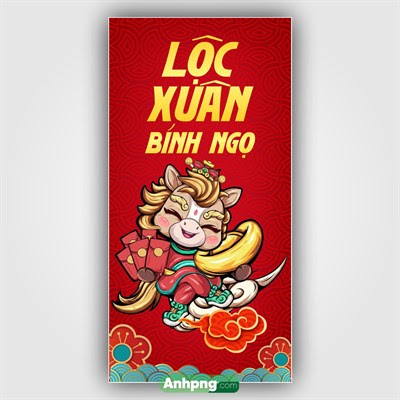 Ảnh bao lì xì Lộc xuân Bính Ngọ linh vật ngựa cầm bao đỏ