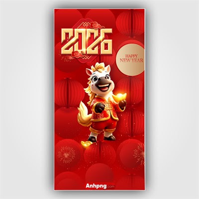 Template bao lì xì Happy New Year 2026 ngựa 3D nền đỏ