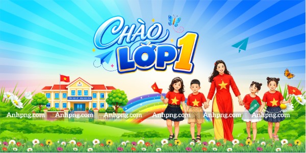 Maket khai giảng Chào lớp 1 nền xanh cho trường tiểu học