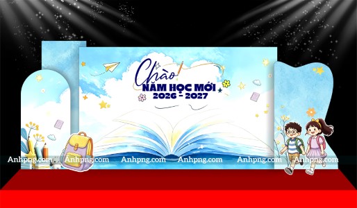 Backdrop khai giảng 2026 chủ đề sách mở chào năm học mới