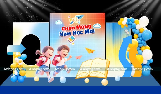 Decor khung chụp ảnh khai giảng sắc xanh vàng đón năm học mới