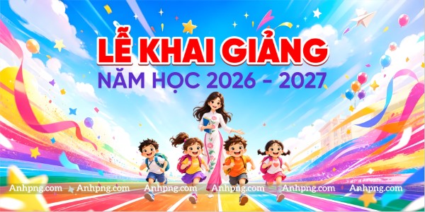 Maket khai giảng tiểu học 2026–2027 nền xanh sắc màu rực rỡ