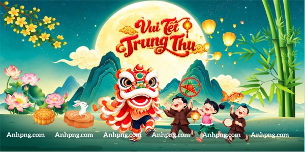 Ảnh Trung Thu đẹp múa lân rước đèn dưới trăng rằm cho backdrop