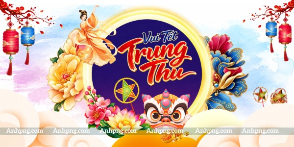 Background Trung Thu Vui Tết Trăng Rằm với lân và đèn lồng