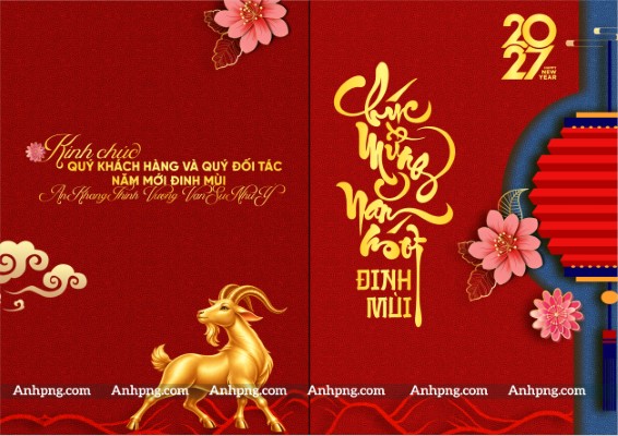 Thiệp Tết 2027 đỏ vàng sang trọng chúc mừng năm mới Đinh Mùi
