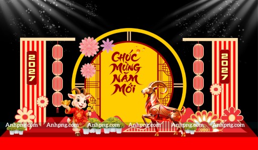 Decor Tết 2027 linh vật dê với cổng tròn và đèn lồng đỏ