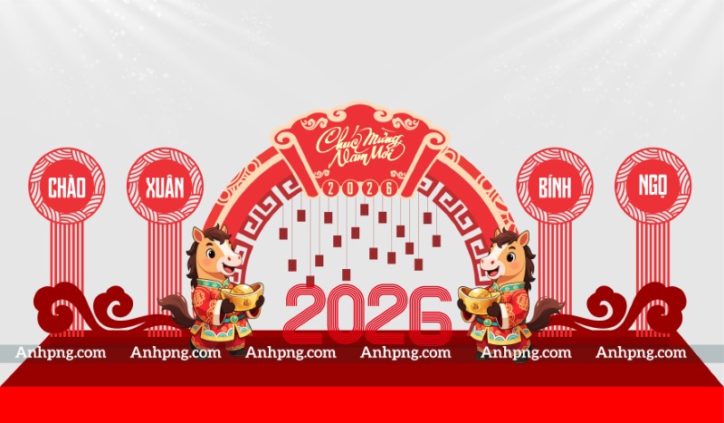 Tiểu cảnh Tết 2026 Bính Ngọ trang trí backdrop sân khấu năm mới