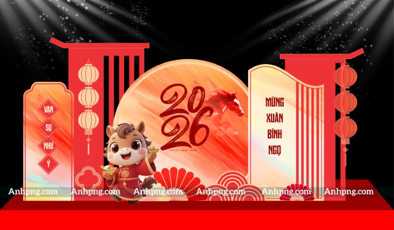 Mẫu decor Tết 2026 Bính Ngọ – Maket backdrop Mừng Xuân linh vật ngựa