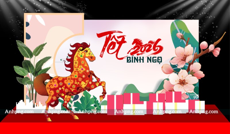 Tiểu cảnh Xuân Bính Ngọ 2026 trang trí backdrop sân khấu Tết