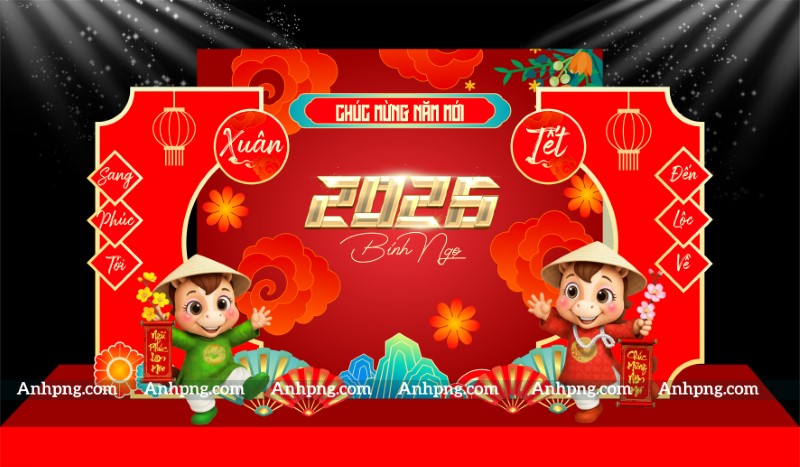Backdrop Tết 2026 Bính Ngọ đỏ rực rỡ trang trí sân khấu linh vật ngựa