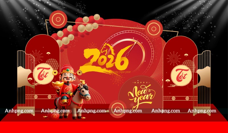 Mẫu trang trí Tết Bính Ngọ 2026 Thần Tài cưỡi ngựa làm backdrop