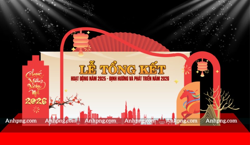 Decor sân khấu Tết 2026 lễ tổng kết tất niên sang trọng
