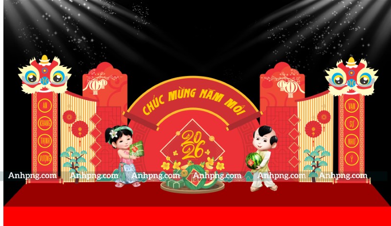 Tiểu cảnh Tết 2026 vector múa lân trang trí sân khấu mầm non