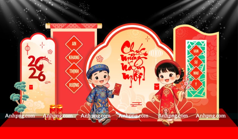 Tiểu cảnh Tết Nguyên Đán 2026 linh vật ngựa trang trí backdrop