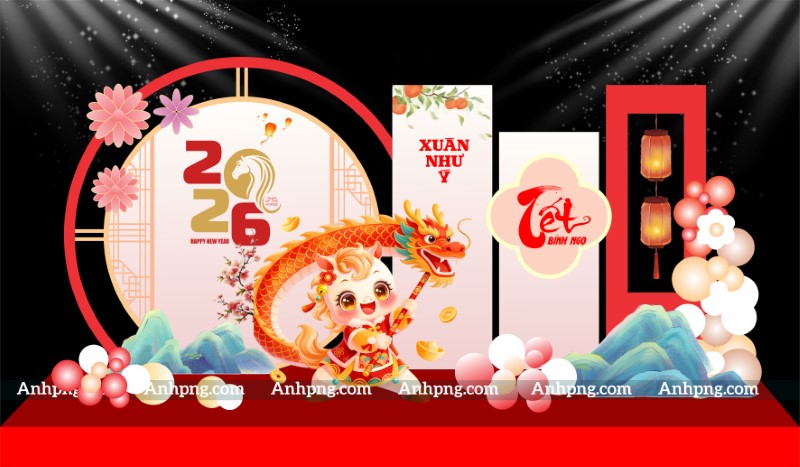 Mẫu Decor Tết Nguyên Đán 2026 phông nền sân khấu sự kiện đẹp