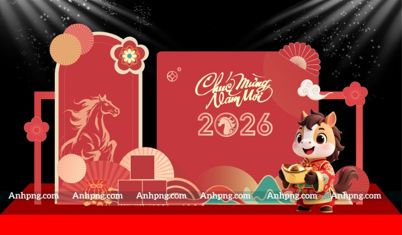 Thiết kế trang trí Tết 2026 phông nền sân khấu chào xuân Bính Ngọ đẹp