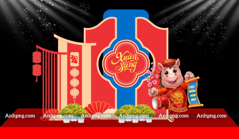 Tiểu cảnh decor Tết 2026 chủ đề Xuân Sang – Background sân khấu đẹp