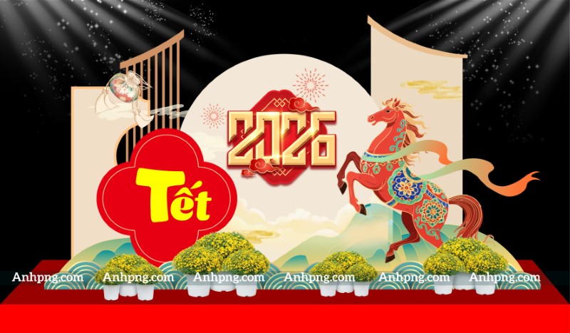 Maket trang trí Tết 2026 linh vật ngựa – mẫu backdrop sự kiện tân xuân