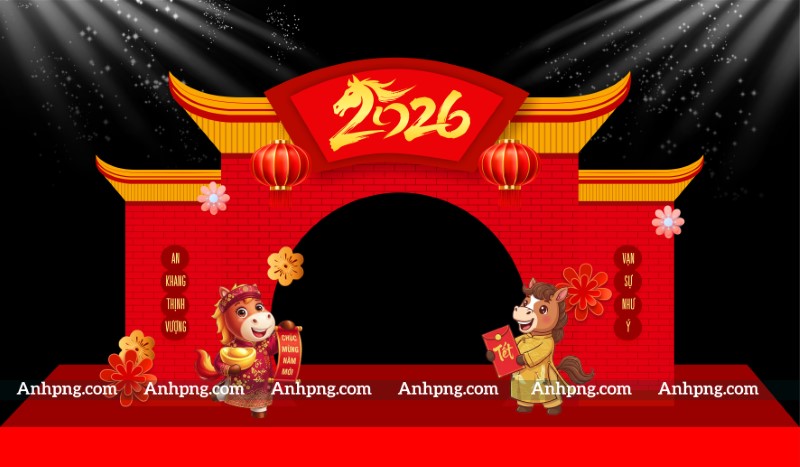 Cổng Tết 2026 phong cách sân khấu đỏ vàng cho backdrop check in