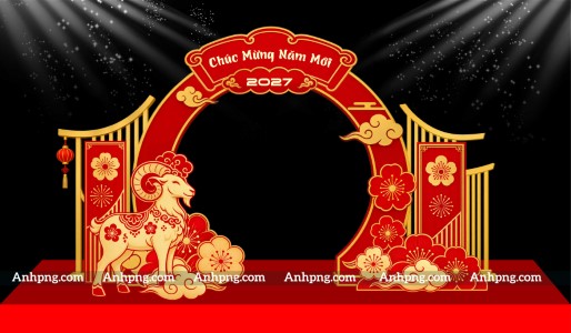 Decor cổng Tết 2027 đỏ vàng linh vật dê cho không gian đón xuân