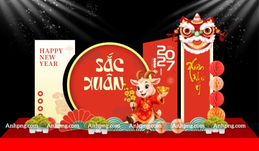 Tiểu cảnh Tết 2027 sắc xuân đỏ vàng với lân và linh vật dê
