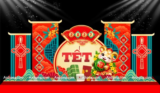 Trang trí Tết 2027 với linh vật dê và backdrop sân khấu nổi bật