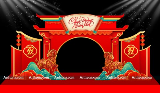 Decor cổng chào Tết 2027 đỏ vàng phong cách truyền thống